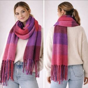 Plaid Fringe Scarf Pink Purple Cozy Oversized Winter Soft Girl Y2K Aesthetic